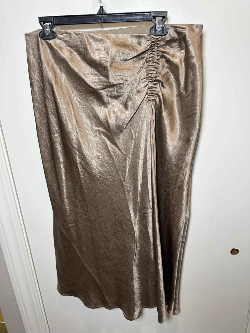 Rails Bronze Satin Ruched Side-Slit Midi Skirt (001)